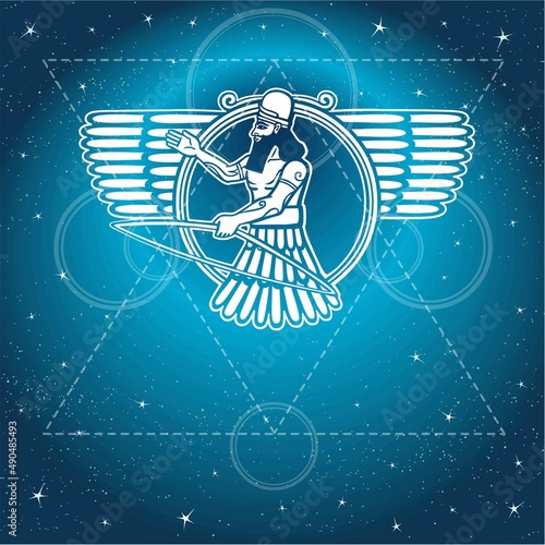 Ancient Assyrian winged deity. Character of Sumerian mythology. Esoteric symbol, sacred geometry. A background - the night star sky. Vector illustration.