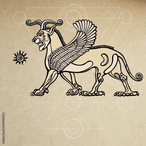 Assyrian chimera winged lion. Background - imitation of old paper.