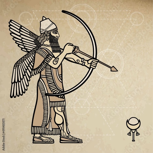 Assyrian archer.  Background - imitation of old paper.