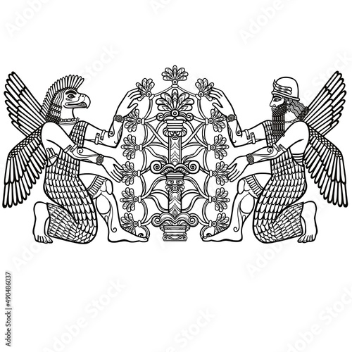 silhouette of the Assyrian deities collects fruits from a fantastic tree. Character of Sumerian mythology. Linear drawing, the black silhouette isolated on a white background. Vector illustration.