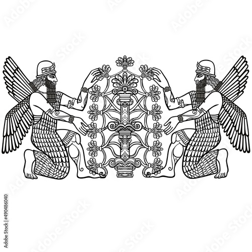 silhouette of the Assyrian deities collects fruits from a fantastic tree. Character of Sumerian mythology. Linear drawing, the black silhouette isolated on a white background. Vector illustration.