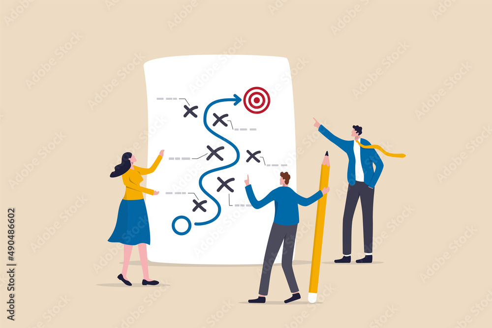 Strategic planning, plan to overcome difficulty or obstacle to reach goal or target, team brainstorm or competitor analysis, business success concept, business team planning for success tactic chart. - obrazy, fototapety, plakaty 