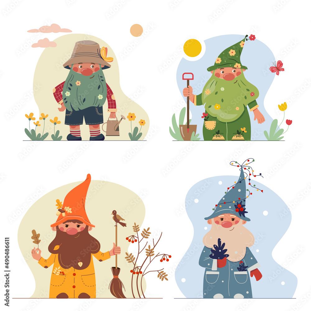 Funny cartoon gardener dwarf with a watering can. Children vector illustration. Funny cartoon gardener dwarf with a watering can. Children vector illustration.