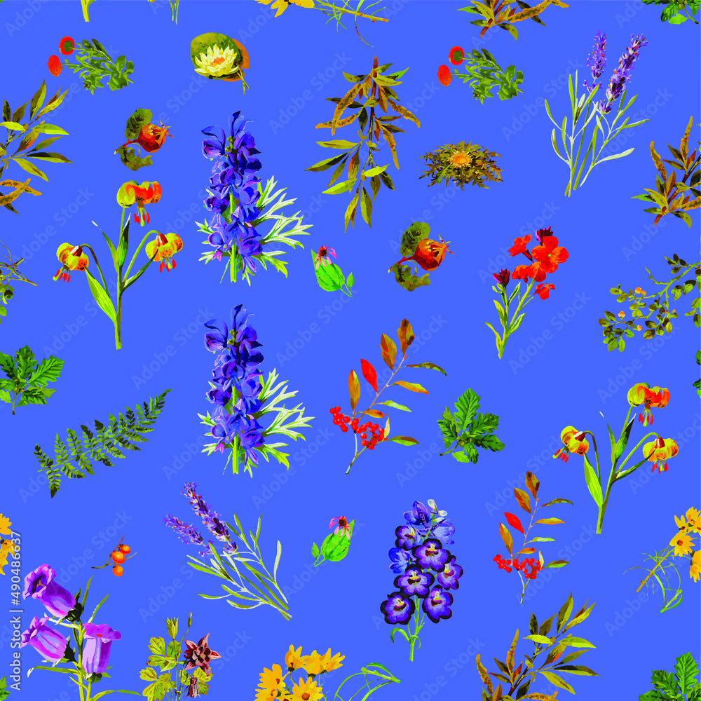 Fototapeta premium Beautiful repeated Seamless flower garden theme pattern with another floral, botanical and leaf image assets, fall, t-shirts, texture perfect for mugs, fabrics, packaging, POD etc free Vector