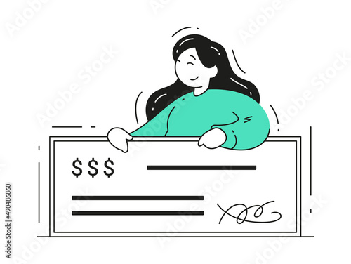 Happy woman with salary paycheck legal deal agreement signature vector flat illustration. Female holding financial banking payment document income wealth isolated. Receive pay wage photo