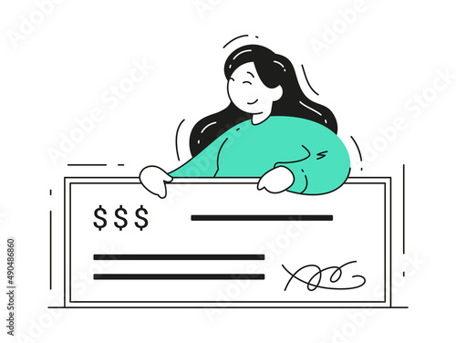 Happy woman with salary paycheck legal deal agreement signature vector flat illustration. Female holding financial banking payment document income wealth isolated. Receive pay wage