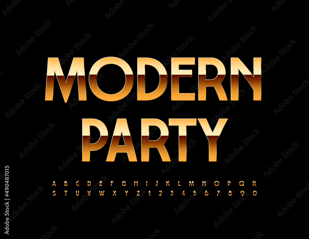 Vector chic Modern Party. Elegant Stylish Font. Golden Alphabet Letters and Numbers.