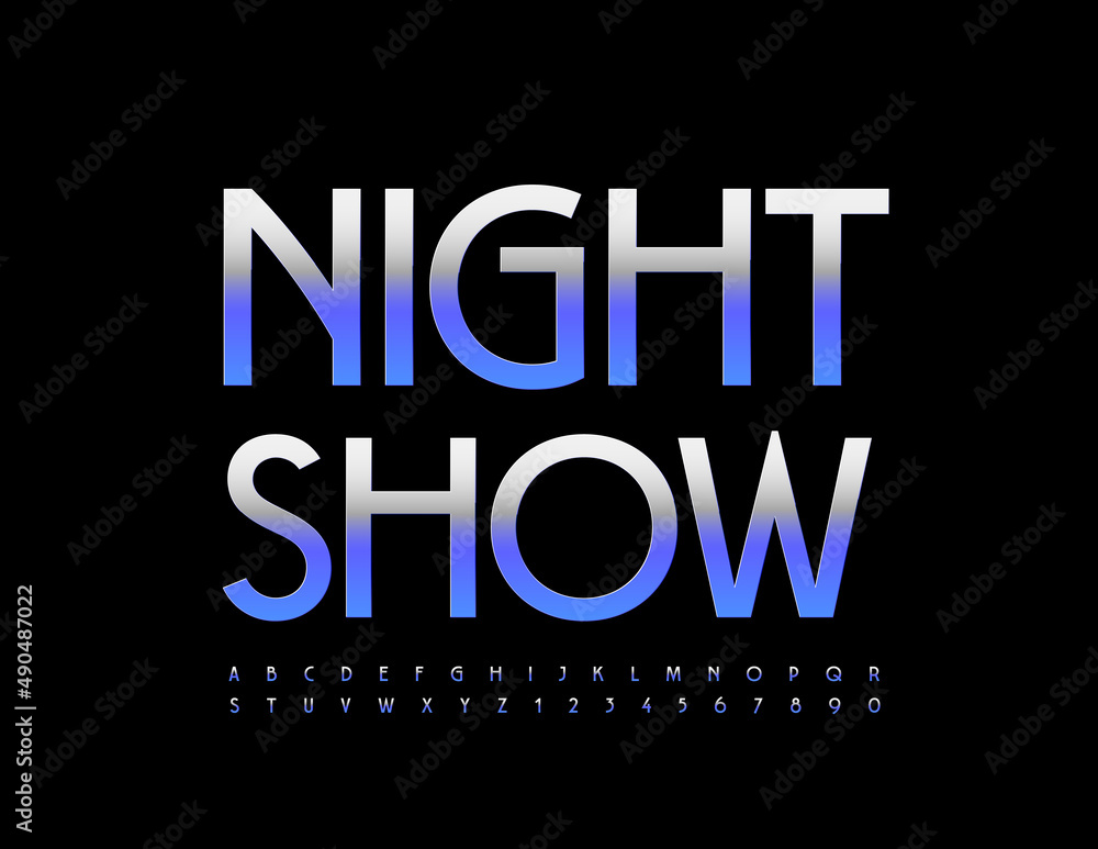 Obraz premium Vector bright Banner Disco Show. Elegant Silver Font. Trendy Alphabet Letters and Numbers