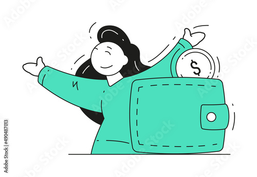 Happy woman working remotely receiving money vector flat illustration. Female freelancer enjoy remote job making cash online. Financial freedom distance work isolated