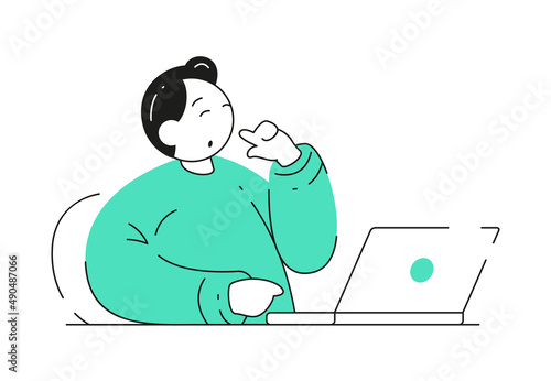 A man is opening a laptop and thinking about ideas. Vector illustration of a thoughtful young man working on laptop at workplace having some questions