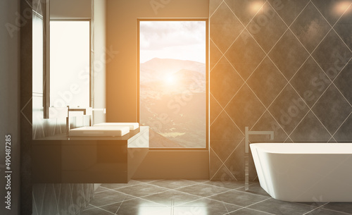 Spacious bathroom  clean  beautiful  luxurious  bright room. 3D rendering.. Sunset.