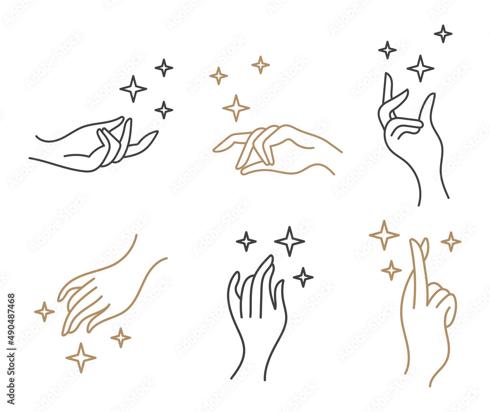 A set of icons,logos in boho chic style with hands and stars, sparkling. Isolated elements. Line, contour.