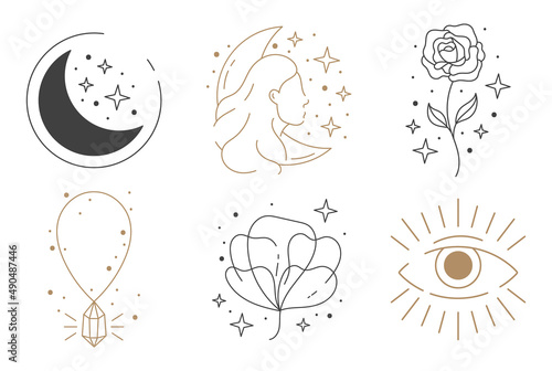 A set of icons,logos in boho chic style. Isolated elements. Line, contour.