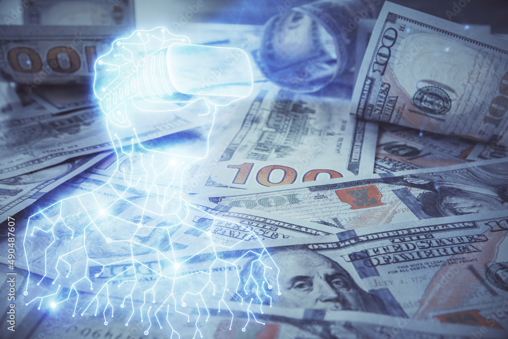 Double exposure of man wearing VR glasses drawing over usa dollars bill background. Concept of virtual reality. Double exposure of man wearing VR glasses drawing over usa dollars bill background. Concept of virtual reality.