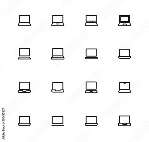Set of 16 outline laptop icons or symbols vector illustration. Data and technology research design graphic.