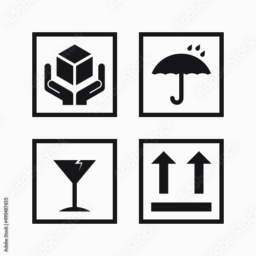 Set of packaging icons vector design graphic. This side up, keep dry, fragile, handle with care meaning symbol. photo