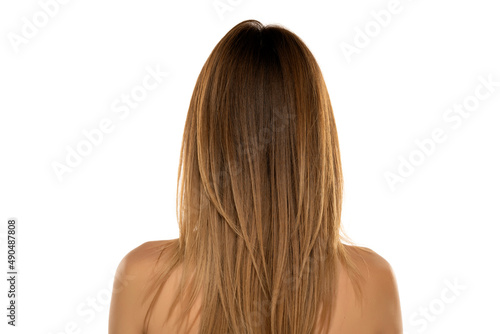 Rear view of a young woman with long straight hair