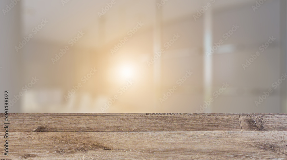 Background with empty wooden table. Flooring. Modern office Cabinet.  3D rendering.   Meeting room. Sunset.