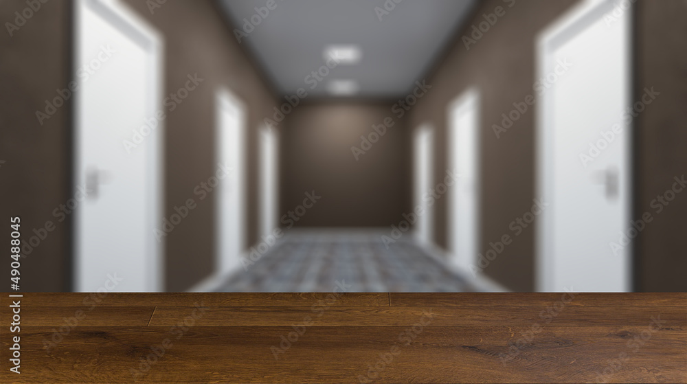 Fototapeta premium The Corridor in office building. 3D rendering. Background with empty table. Flooring.