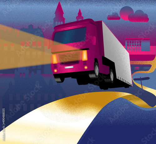 Truck on the road at dawn