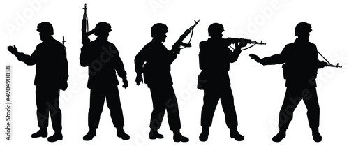 Soldier with rifle gun in war silhouette vector, military man in the battle.