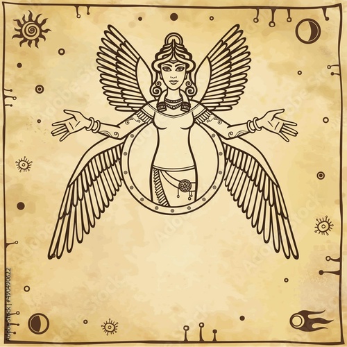 Stylized goddess Ishtar. Character of Sumerian mythology. A background - imitation of old paper. Vector illustration.