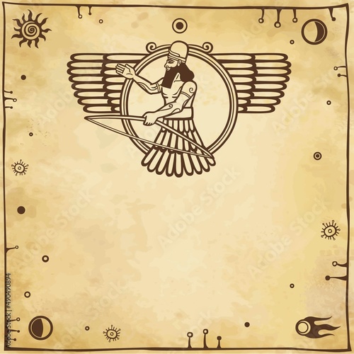 Vector illustration: Assyrian winged god. A place for the text. Imitation of old paper.