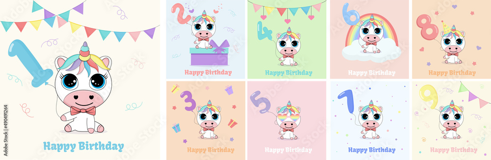 Obraz premium Birthday card set with cute unicorn and balloons in the form of numbers.