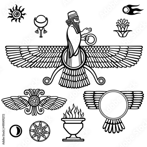 Image of the prophet Farvahar. Set of esoteric symbols. The black silhouette isolated on a white background. Vector illustration.