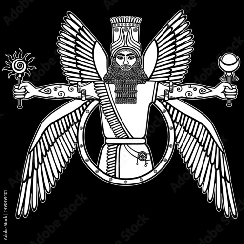 Ancient Assyrian winged deity. Character of Sumerian mythology. The linear white drawing isolated on a  black background. Vector illustration.