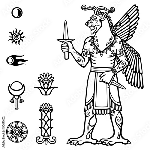 Mythical character. Image of the person centaur Winged lion. Full growth. Black and white drawing based on motives of  Sumerian art, isolated on a white background. Space symbols. Vector illustration.