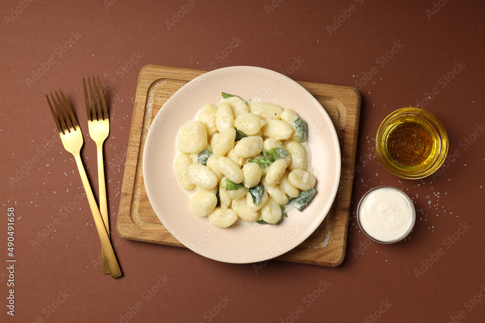 Concept of tasty food with gnocchi, top view Concept of tasty food with gnocchi, top view