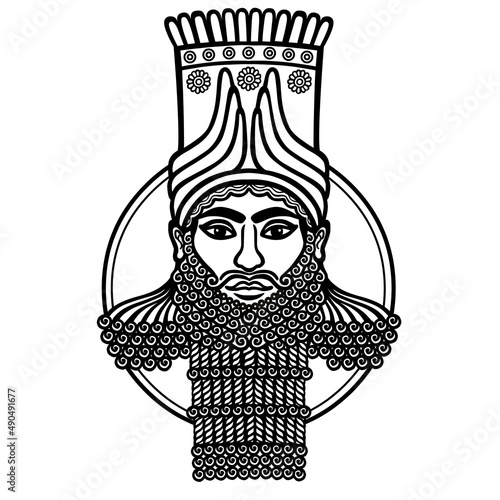 Portrait of the Assyrian man. Character of Sumer mythology. Isolated on a white background.