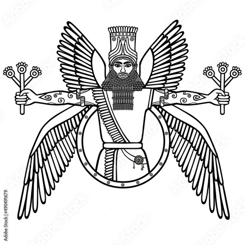Ancient Assyrian winged deity. Character of Sumerian mythology. The linear black-and-white drawing isolated on a white background. Vector illustration.
