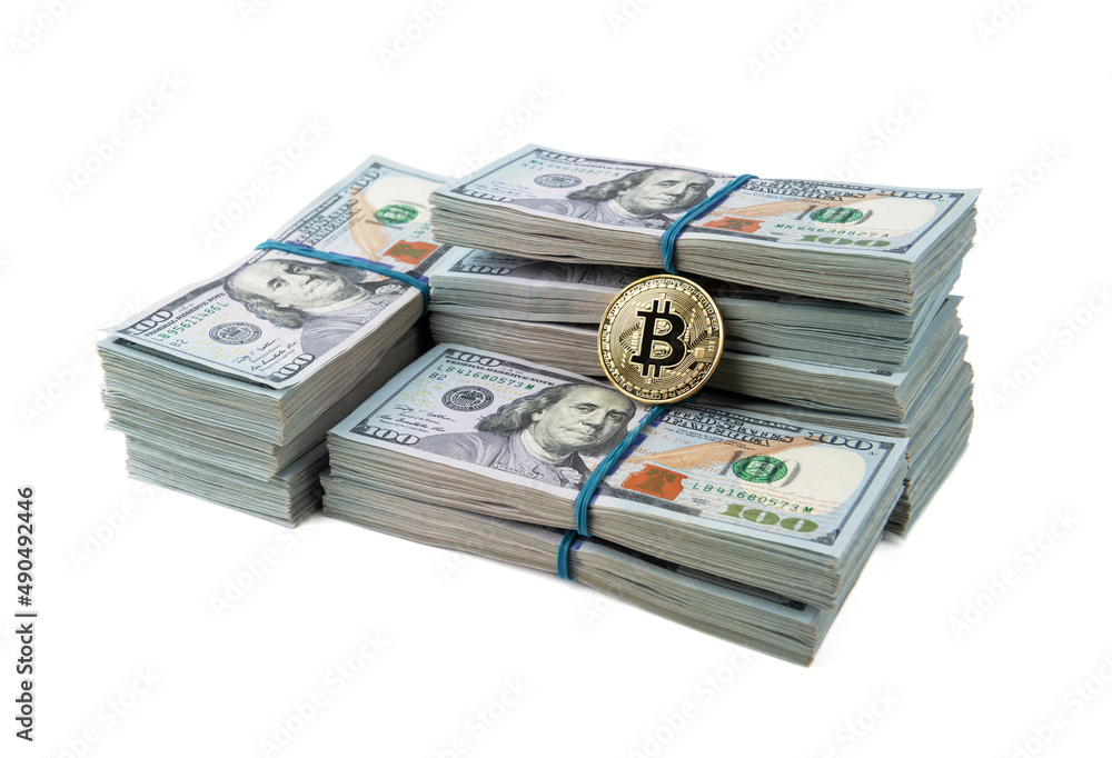 Gold bitcoin coin of dollar bills isolated on white background cryptocurrency mining concept. Gold bitcoin coin of dollar bills isolated on white background cryptocurrency mining concept.
