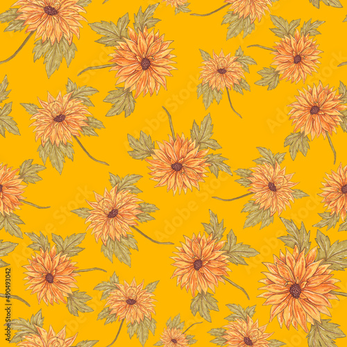 Watercolor seamless pattern with floral bouquets. Vintage botanical illustrat...