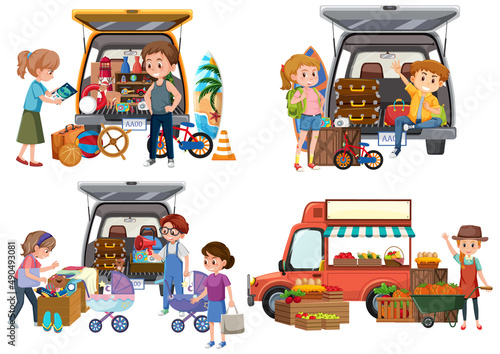 Flea market concept with set of different car boot sales