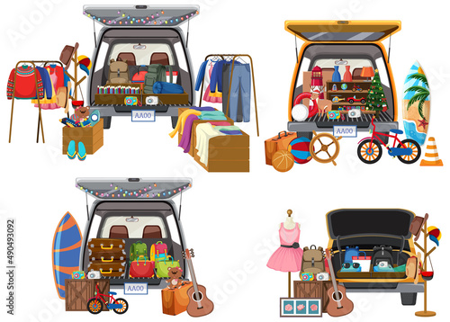 Flea market concept with set of different car boot sales