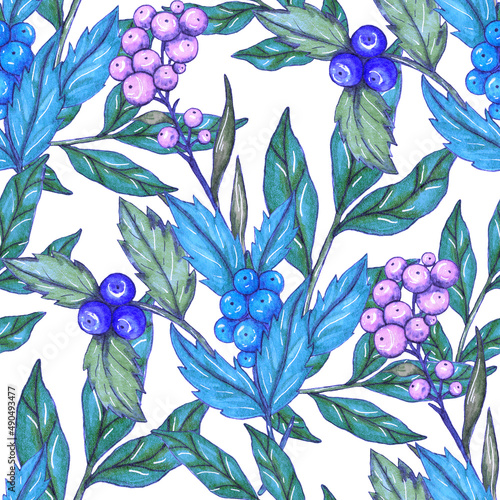 Watercolor seamless pattern with floral bouquets. Vintage botanical illustrat...
