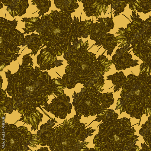 Watercolor seamless pattern with floral bouquets. Vintage botanical illustrat...