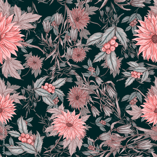 Watercolor seamless pattern with floral bouquets. Vintage botanical illustrat...