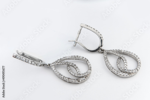 Luxury silver round earrings big jewelry for women isolated on white background, clipping path included