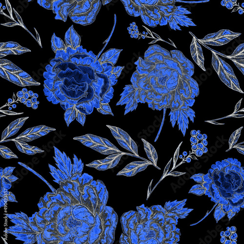 Watercolor seamless pattern with floral bouquets. Vintage botanical illustrat...