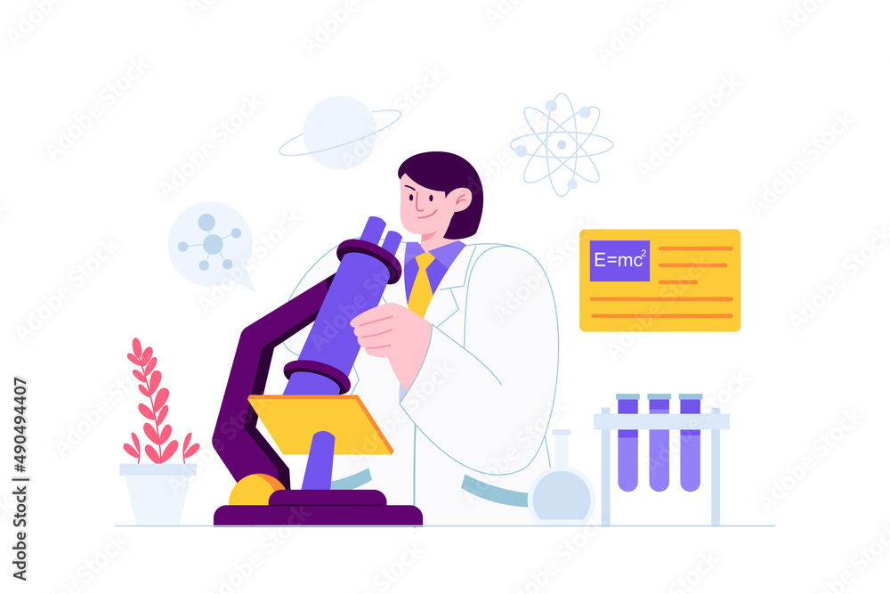 cience concept vector Illustration idea for landing page template, scientist in laboratory experiment research, biology, chemistry, physics knowledge scientific innovation. Hand drawn Flat Style