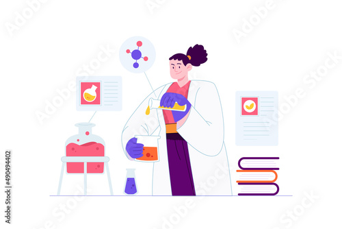 cience concept vector Illustration idea for landing page template, scientist in laboratory experiment research, biology, chemistry, physics knowledge scientific innovation. Hand drawn Flat Style © vesvocrea
