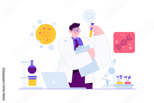 cience concept vector Illustration idea for landing page template, scientist in laboratory experiment research, biology, chemistry, physics knowledge scientific innovation. Hand drawn Flat Style