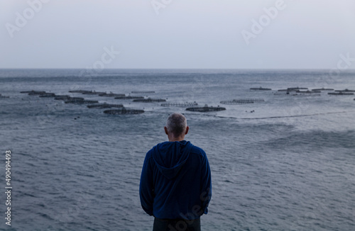 Rear view of adult man against sea and sky.