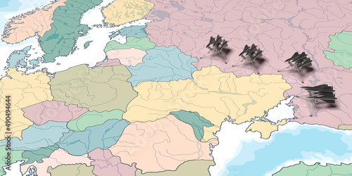 Ukraine - Russia War Map concept: Fighter jets at Russian border vs Ukraine and part of Europe. Cracked Ukrainian terrain. Small icons. Heavily armored military air missiles ready for defense.
