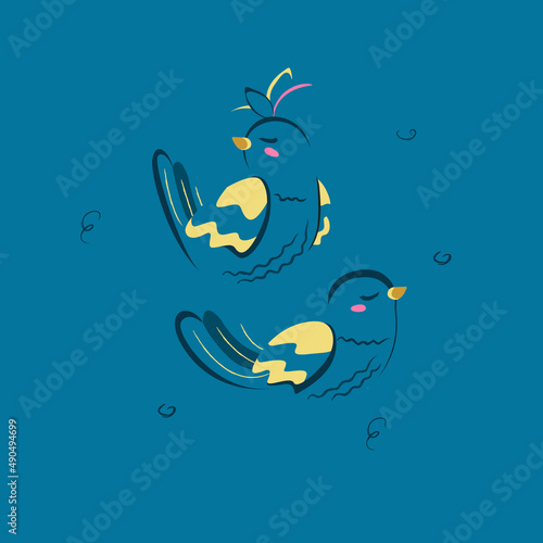two blue birds with closed eyes on a blue background