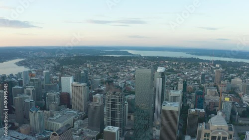 Wallpaper Mural Wide soaring aerial shot of Seattle's downtown skyscrapers with Lake Union and Lake Washington off in the distance. Torontodigital.ca